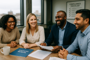 team discussing employee benefits