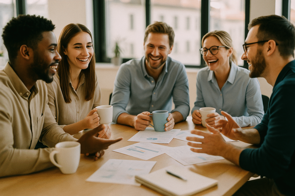 professionals discussing workplace perks over morning coffee