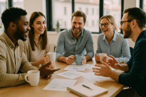 professionals discussing workplace perks over morning coffee