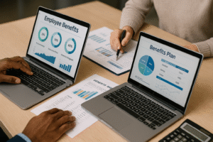 Two HR professionals analyzing benefits plans at a desk with laptops and charts